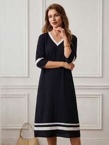 Miaspire Women's Striped V-Neck 3/4 Sleeve Casual Long Dress - Khaki - View 5