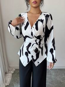 SHEIN Elenzya Damen Schwarz & Weiß Abstrakt Aquarell Muster Wickelbluse & Weite Hose, elegante tägliche Pendelstrecke französisch lässiger Chic Straßen Vintage Business Urlaub Schwarz & Weiß Langarm Bluse & Schwarze Hose, Frühjahr/Herbst Neu 2-teiliges Set - Verschiedenfarbig - Übersicht 7