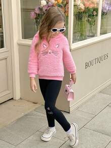 SHEIN Elladie kids Young Girl Cartoon Embroidery Teddy Hoodie & Leggings - Multicolor - View 3