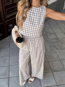 Pariaura Bộ áo khoác cardigan kẻ caro không tay và quần dài cho nữ - Màu be - Xem 6
