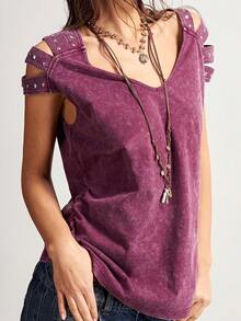Bohemela Summer BOHO Vacation Casual Y2K Solid Color V-Neck Short Sleeve Washed Women T-Shirt - Red - View 6