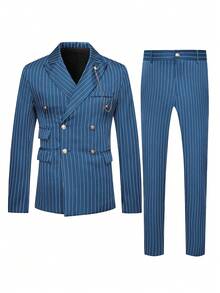 Manfinity Mode 男士条纹翻领双排扣长袖西装外套和裤子休闲办公通勤套装 - 藍色 - 查看 6