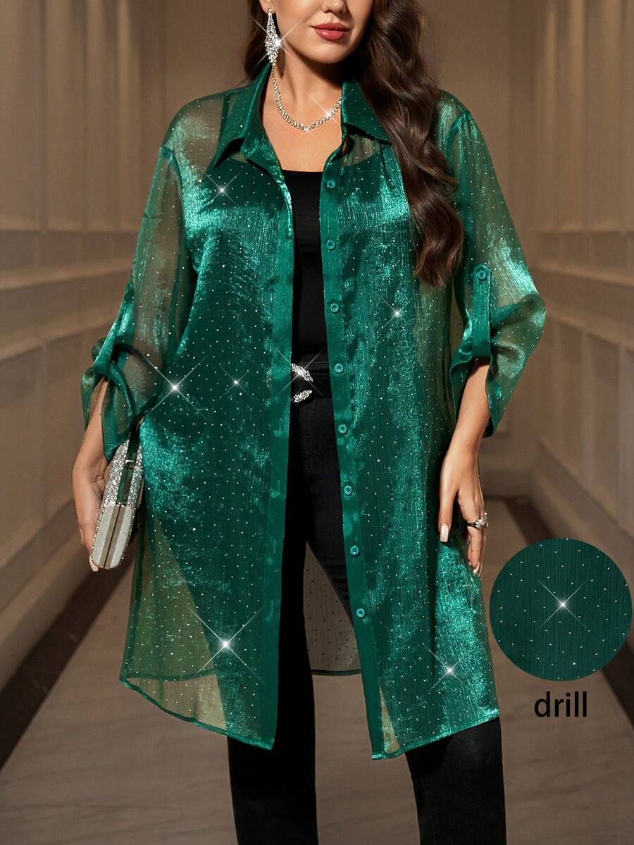 SHEIN Clasi 大码优雅派对水钻装饰薄纱中长款女式衬衫，绿色波点领长袖飘逸雪纺外套，适合秋季、冬季、夜间外出、休闲场合，尽显老钱风范，适合多种场合，如万圣节、返校节、圣诞节、商务休闲等。