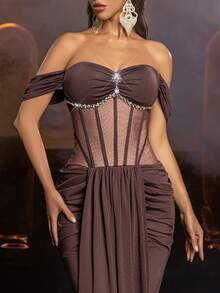 Glamrae Women's Elegant Brown Stretch Knit Evening Gown,Handcrafted Rhinestone Chain Mesh Overlay,Off-The-Shoulder Boning Detail Fishtail Wedding Guest Dress - Coffee Brown - View 7