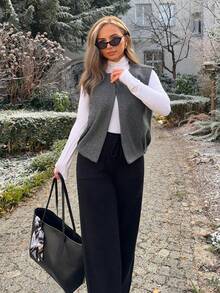 Jeta Ari Women's Solid ColorRound Neck Casual Sleeveless Woolen Vest Jacket, Casual Wool Blend Coat,Autumn/Winter,Grey Coat,Business Casual Women's Wear,Suitable For Daily Commuting Wear,Fall - Dark Grey - View 4