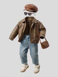 SHEIN Baby Girl Distressed PU Jacket Paired With Denim Pants, Casual & Fashionable, Suitable For Outdoor & Indoor Wear, Autumn - Multicolor - View 2