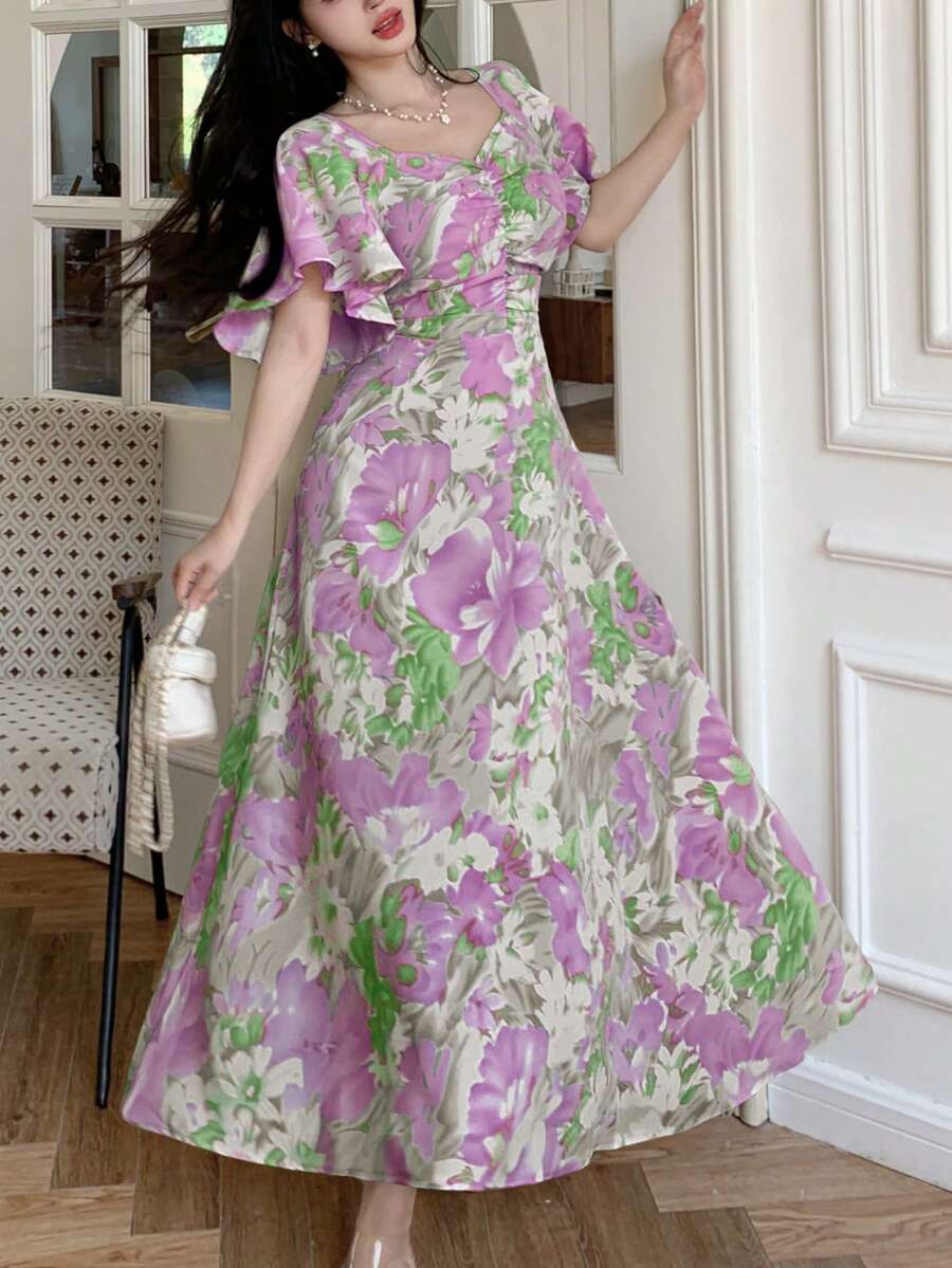 Modelyn 女士印花褶皱前片荷叶袖收腰修身A字连衣裙 - 淡紫色 - 查看 1