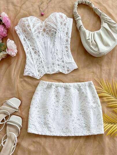 Soleia New Casual Vacation Western Beach Wedding Guest Attire Back To School Brunch Graduation St. Patrick's Day Spring Break Easter Music Festival Elegant Boho Tropical Texture Cutout Backless Tie Design Wedding Party Crop Top Two Pieces Set For Women Lace