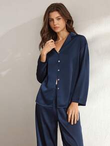 Ocili Silky Satin Comfortable Loose Long Sleeve Top & Pants Women Pajama Set, Winter Clothes - Navy Blue - View 6