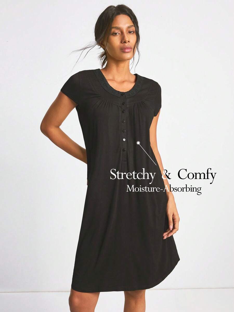 Ocili 女士纯色前开襟纽扣休闲连衣裙 - 黑色 - 查看 1