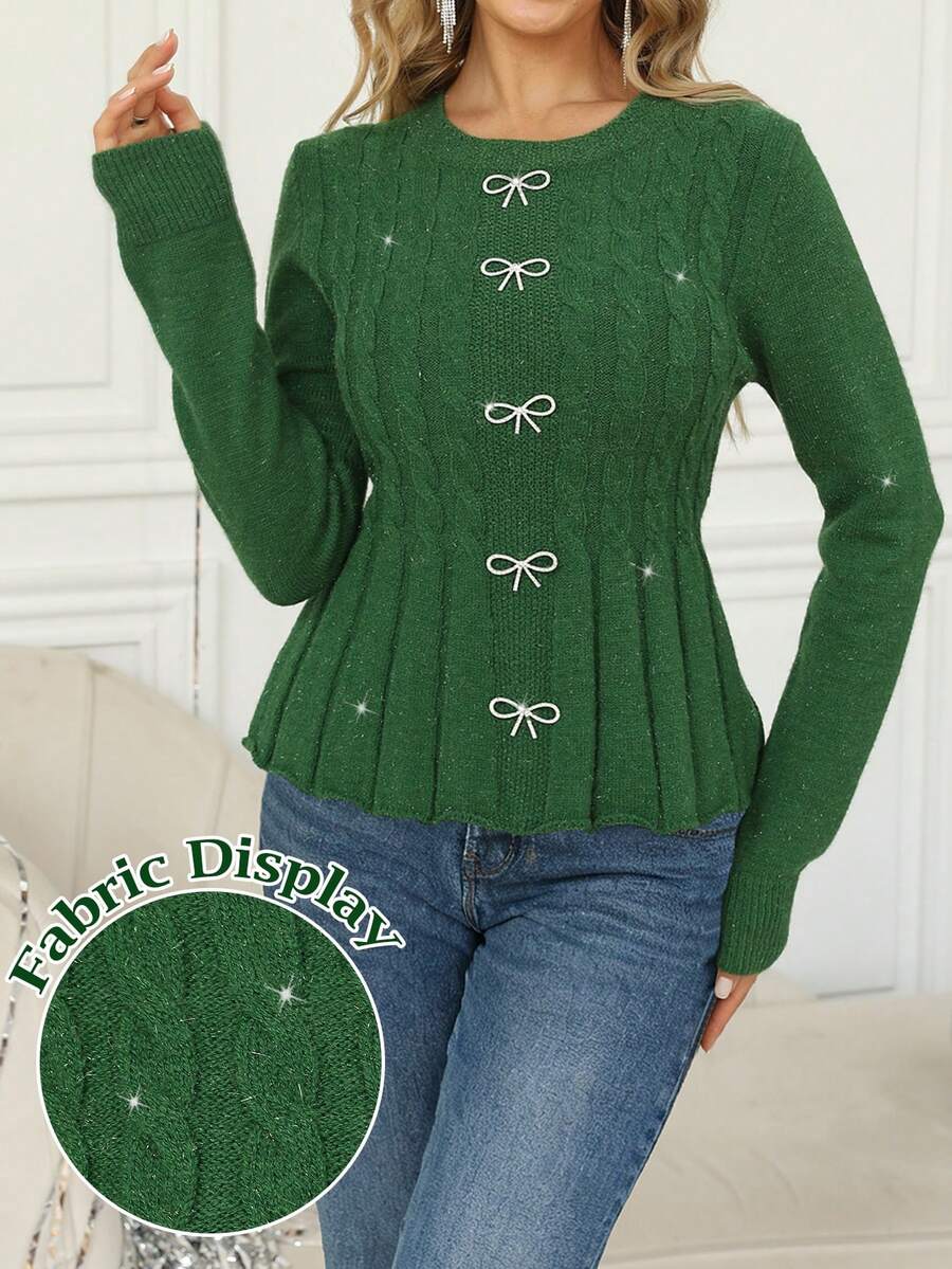 EMERY ROSE Áo len nữ cổ tròn tay dài họa tiết dây cáp thời trang - màu xanh lá - Xem 1