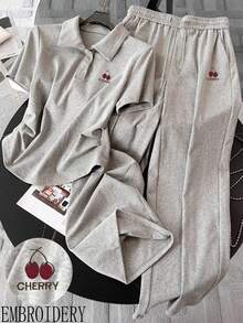 Resyla Women's Casual Cherry Print T-Shirt And Pants 2 Pieces Set, Summer - Light Grey - View 1