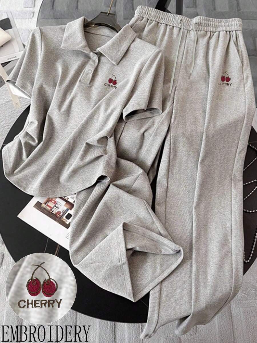 Resyla Women's Casual Cherry Print T-Shirt And Pants 2 Pieces Set, Summer - Light Grey - View 1