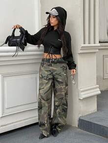 SHEIN EZwear 秋冬女士休闲字母印花交叉抽绳连帽卫衣 - 黑色 - 查看 4