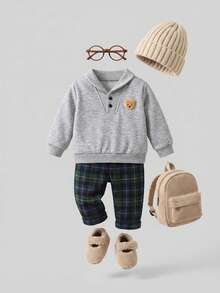 SHEIN 2 piezas Conjunto de niña bebé casual y lindo con bordado de oso, cuello de manzana, media cremallera, manga larga y pantalón recto a cuadros, adecuado para actividades al aire libre o en casa, proporcionando un uso cómodo en otoño/invierno - Gris - Ver 2