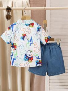 SHEIN 2pcs Set:White Printed Shirt And Distressed Denim Shorts For 4-7 Years Old Boys,Graffiti Design With Summer Stylish Wash Technique,Holiday Outfits - White - View 2
