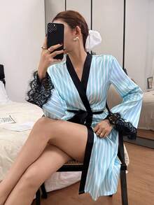 Dream Adore 1 Áo choàng satin họa tiết sọc dành cho nữ, đồ ngủ dài tay viền ren màu tương phản thanh lịch, phù hợp với mọi mùa - Xanh và trắng - Xem 6
