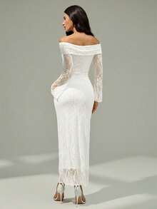 Modelyn Đầm ren dài tay trễ vai, xếp ly, buộc dây bên hông, thanh lịch dành cho nữ - trắng - Xem 3