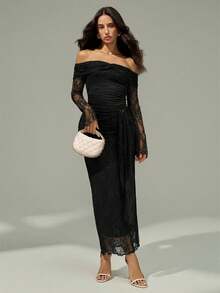 Modelyn 女士露肩长袖褶皱侧系带蕾丝优雅连衣裙 - 黑色 - 查看 4