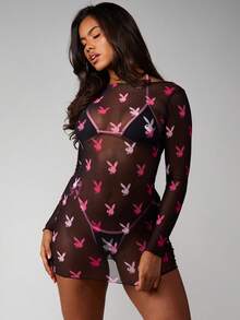 Missguided x Playboy 兔子印花网纱长袖露背迷你连衣裙沙滩罩衫，系带细节夏季泳装 - 彩色 - 查看 3