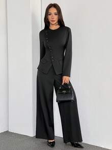 SHEIN PETITE 女士优雅通勤日常百搭街头时尚新款不对称翻领纽扣腰长袖西装外套搭配高腰长裤卡其灰色两件套套装，春夏皆宜，适合春夏季节穿着。 - 黑色 - 查看 8