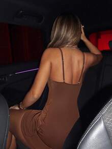 SHEIN ICON 撞色蕾丝胸衣吊带紧身白色束身连衣裙 - 棕色 - 查看 4