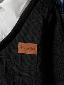 Young Boy Black Letter Textured Fleece & White Woven Fabric Splice,2 In 1 Sweatshirt,Korean Fashion,Autumn,Career Day,Back-To-School,Leather Patch - Black - View 7