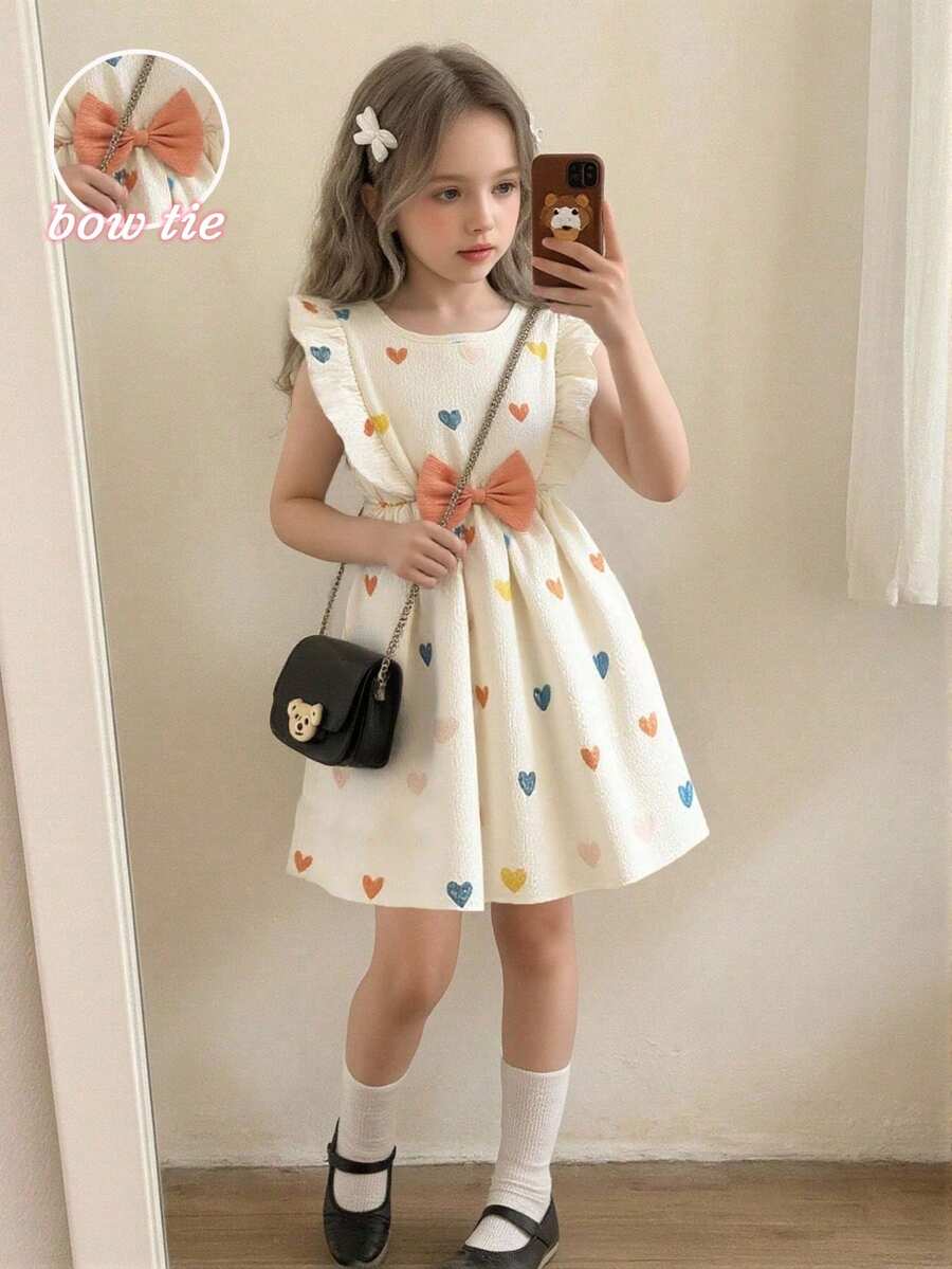 SHEIN Vintaside Kids Young Girl Heart Print Ruffle Hem Bow Accent Summer Dress - Apricot - View 1