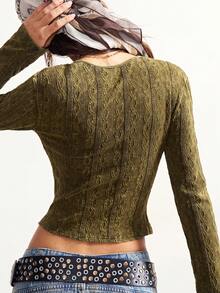 Bohemela 休闲针织长袖不对称领修身短款女式T恤 - 綠色 - 查看 7