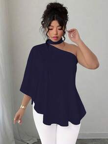 SHEIN Elenzya 大码斜领露背扎染印花衬衫 - 藏蓝色 - 查看 3