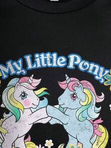 My Little Pony X SHEIN Tween Girl Casual Pattern Long Sleeve Crew Neck Sweatshirt, Suitable For Autumn/Winter - Black - View 4