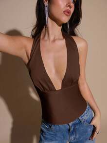 SHEIN BAE 黄色缎面V领露背系带吊带背心，派对鸡尾酒会上衣，正式场合上衣，性感女士缎面背心，圣诞节，鸡尾酒会，商务休闲装，外出上衣 - 咖啡棕 - 查看 7