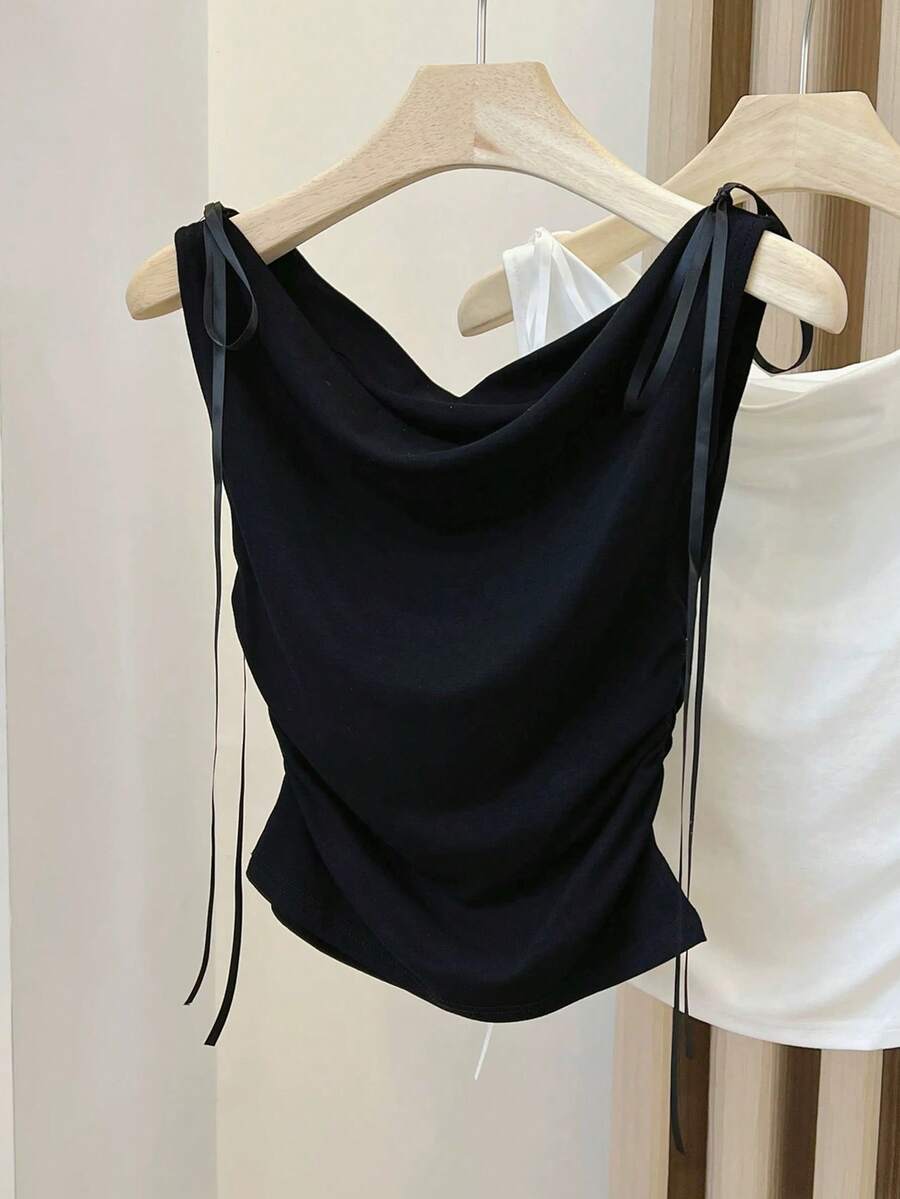 SHEIN 女士纯色垂褶领口系带肩部褶皱时尚衬衫 - 黑色 - 查看 1