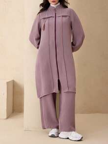 Modelyn 修身优雅纯色长袖拉链外套，阿拉伯风格女装，秋冬款 - 紫色 - 查看 6
