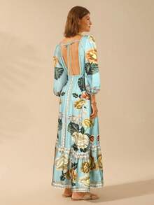 CAJUNI Women's Boho Tropical Floral V-Neck Long Sleeve Backless Waist A-Line Vacation Dress, Boho Dress Women - Multicolor - View 2