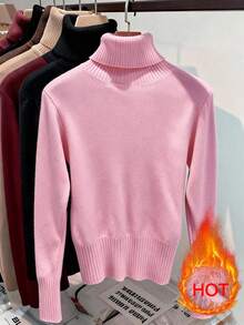 Franclia Warm High Neck Thick Velvet Slim Fit Long Sleeve Pullover Sweater, European And American Fall/Winter Essential Base Layer Knit Pullover - Baby Pink - View 2