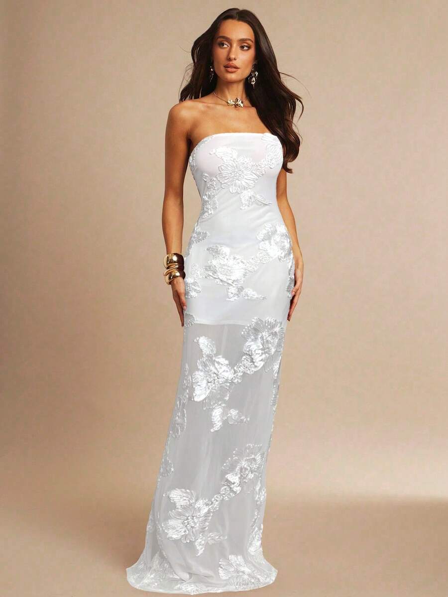 Silquee 3D 花卉性感紧身吊带连衣裙 - 白色 - 查看 1