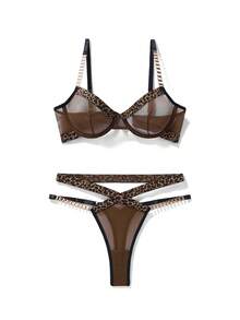 Women Sexy Leopard Print Splice Mesh Lingerie Set For Going Out - Coffee Brown - View 1