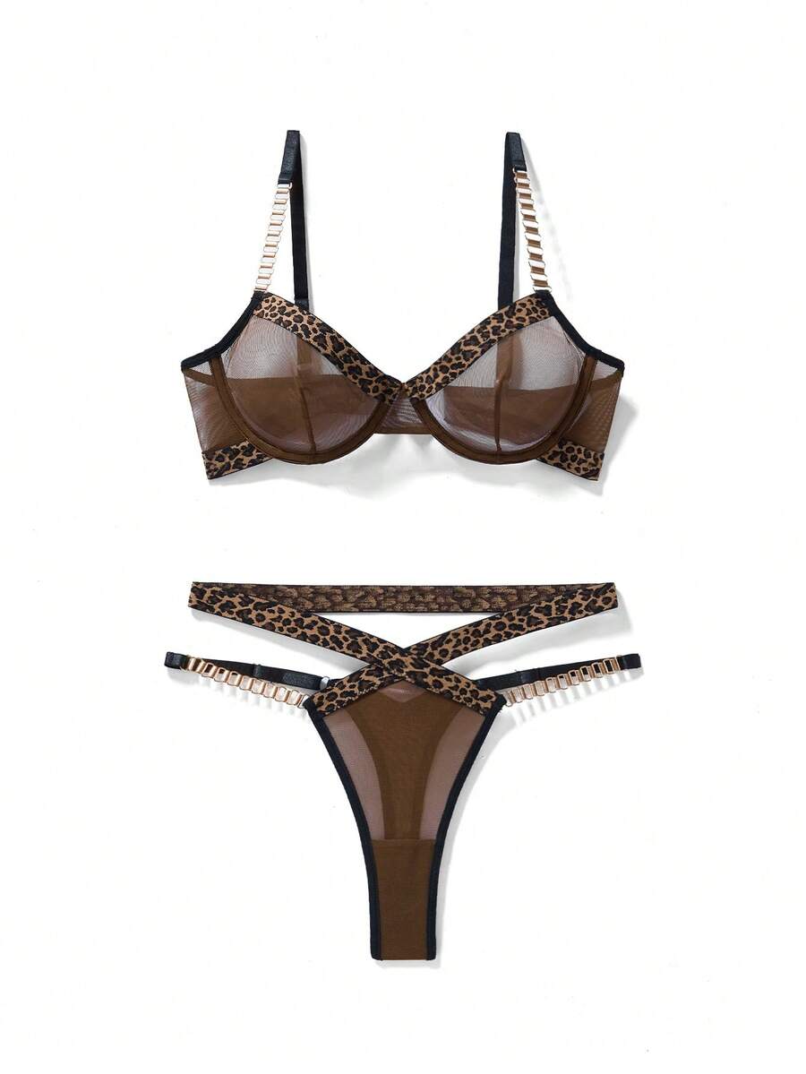 Women Sexy Leopard Print Splice Mesh Lingerie Set For Going Out - Coffee Brown - View 1