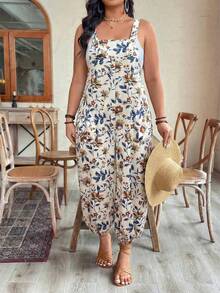 EMERY ROSE Plus Size Women's Adjustable Waist Printed Jumpsuit, Fashionable For Spring/Summer Vacation - Apricot - View 6