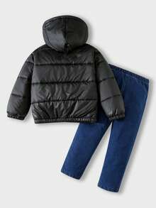 SHEIN 两件套儿童/青少年男童休闲日常加厚连帽拉链外套和长牛仔裤套装 - 彩色 - 查看 3