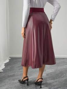Momance Maternity Skirt With Belly Support, Ribbed & PU Leather Patchwork A-Line Skirt - Burgundy - View 2