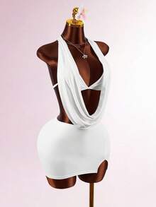 Amplova 女士深V领连衣裙套装，包含文胸、露背迷你连衣裙，白色，性感简约，适合日常穿着。 - 白色 - 查看 6