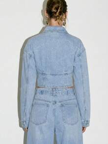 KIZN Cropped Front Zip Denim Jacket With Collar And Long Sleeves For Casual Layering - Dark Grey - View 2