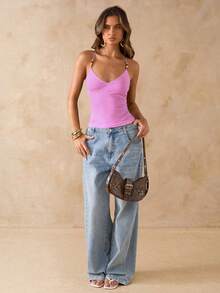 SHEIN BAE Áo tank top hai dây màu nâu đính hạt cho nữ, áo camisole ôm sát gợi cảm phong cách retro mùa hè, áo cami đính hạt cho kỳ nghỉ biển. - Màu Hồng baby - Xem 4