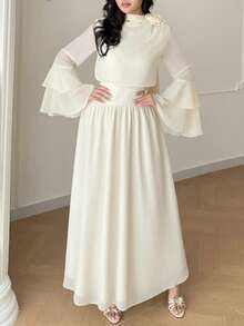 Modelyn Solid Color Flare Sleeve Floral Decor Elegant Long Dress - Yellow - View 2