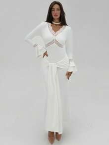 Aloruh Vestido de festa branco elegante, modelo sereia com decote em V profundo e mangas flare vazadas para mulheres. - Branco - Ver 14