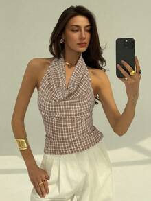 Aloruh Áo cánh hở lưng kẻ sọc cổ sâu quyến rũ thời trang cho nữ - Màu Khaki - Xem 6