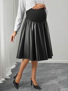 Momance Maternity PU Leather Pleated Patchwork Versatile Casual Skirt - Black - View 4