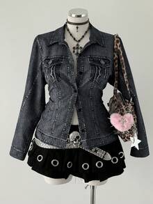 Sunspun 大码秋冬开襟牛仔印花假口袋长袖优雅复古休闲修身衬衫 - 黑色 - 查看 4